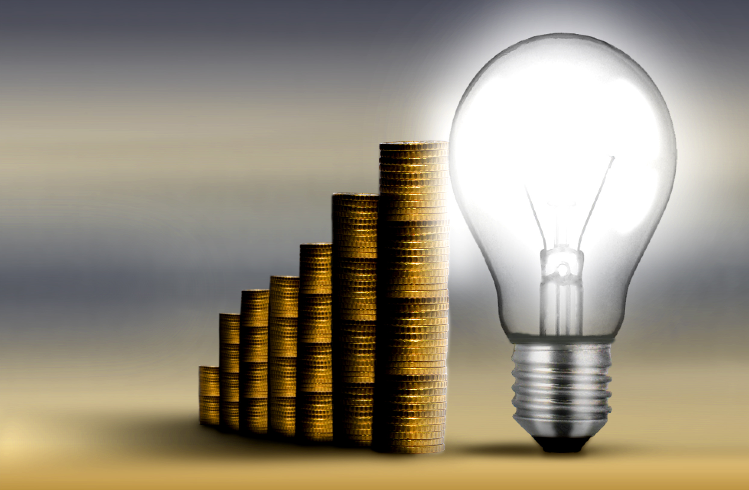 Gold coin staircase with lightbulb - Money concept